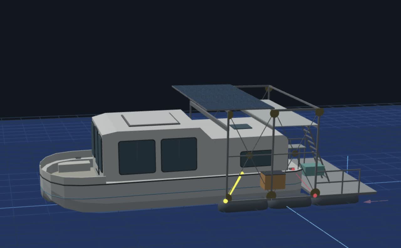 Image du simulateur : L'Hydronaute amarré dans EXO-01, sur une grille bleue