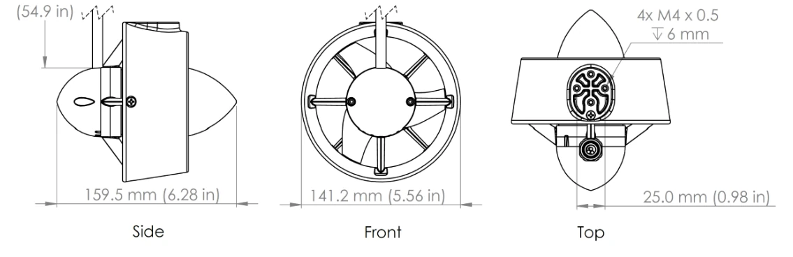 Plan technique coté du propulseur électrique d'HYDRO-01 : vues de côté, de face et de dessus, hélice carénée de 141,2 mm