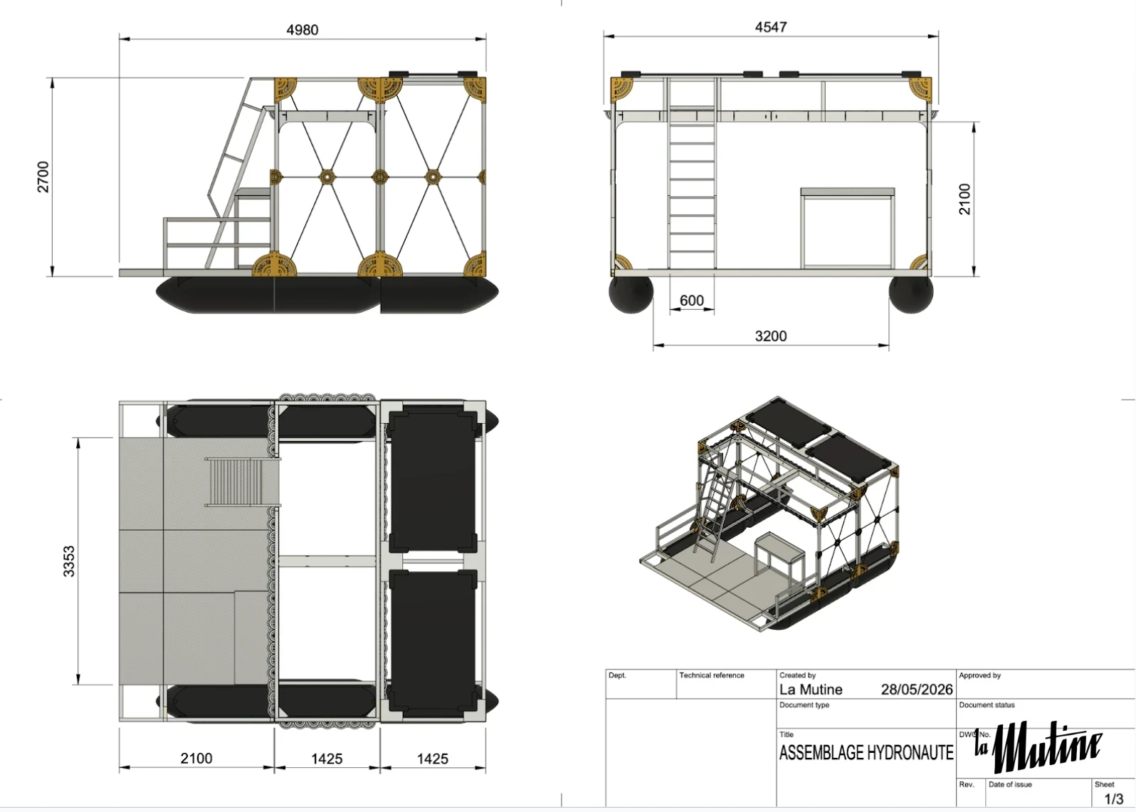 Planche d'origine « Assemblage Hydronaute » par La Mutine (05/2026) : élévations, plan, vue isométrique de la structure modulaire sur flotteurs