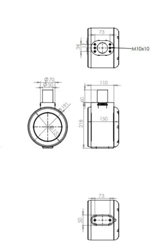 Plan technique coté du moteur électrique d'EXO-01 : vues de face, de côté et de dessus, hélice sous carénage Ø191 mm, fixation M10
