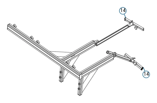 Vue isométrique d'un sous-ensemble de structure d'HYDRO-02, avec le bras support et les repères de nomenclature