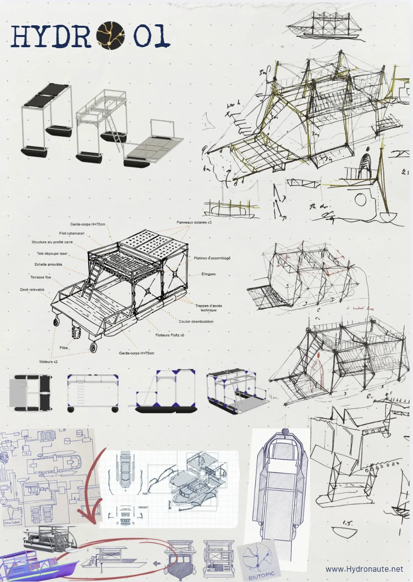 Planche de recherche de l'exosquelette : croquis d'itérations, vue isométrique annotée (garde-corps, panneaux solaires, flotteurs, deck relevable), plans électriques et maquettes