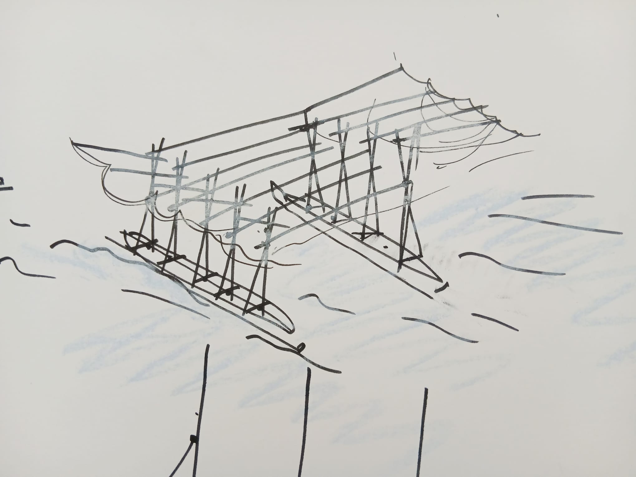 Croquis de l'exosquelette en navigation sur l'eau — vue de côté avec lavis bleu