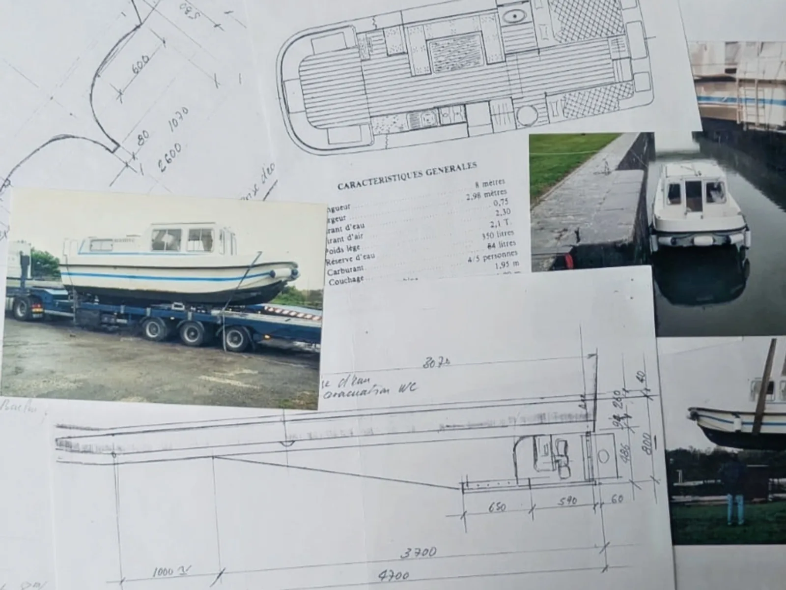 Plans originaux, caractéristiques générales et photos historiques de L'Hydronaute, péniche solaire-électrique à Nantes