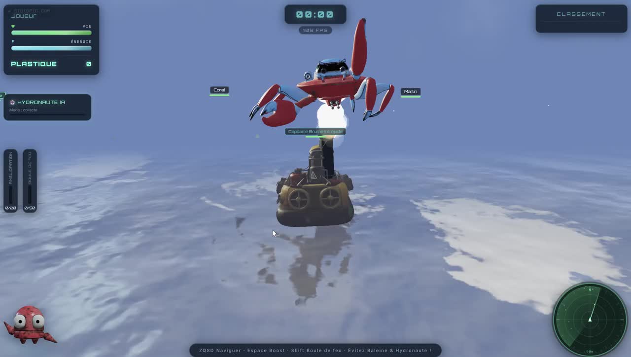 Trashure Island screenshot: the player's steampunk boat on the water facing a red mechanical crab, plastic counter and radar on screen